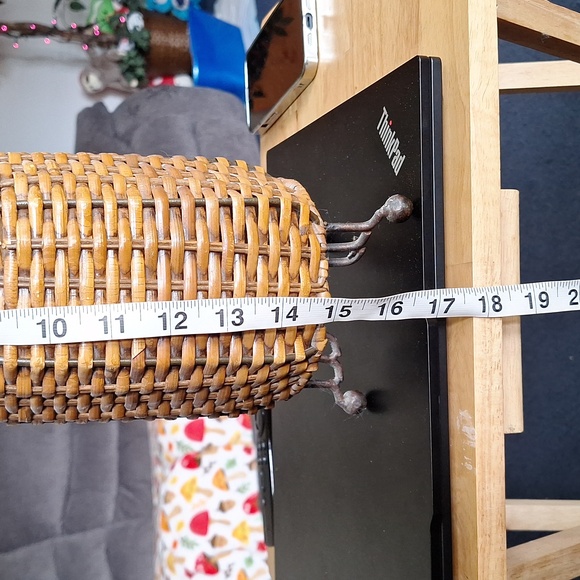 Wicker basket -long handled with 3 metal feet measures 17 inches tall - Picture 6 of 8